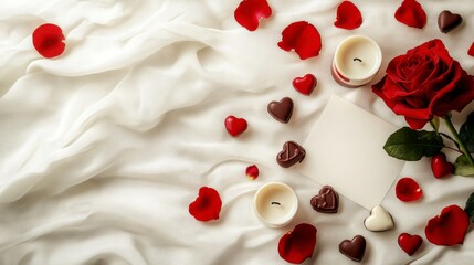 Romantic atmosphere for valentine's day with red rose and chocolate hearts on white silk