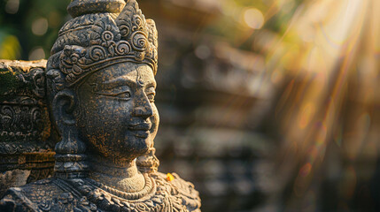 Stone statue with a peaceful expression, illuminated by gentle sunlight, invoking feelings of calm and spirituality