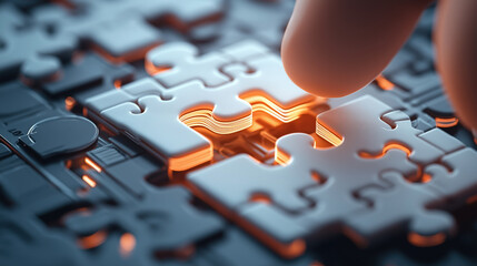 Poster - Close-up of hand placing final puzzle piece on a circuit board with glowing lines, combining themes of technology and problem-solving.