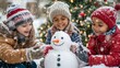 © netrun78 - Children building a snowman near a decorated Christmas tree while snowflakes fall