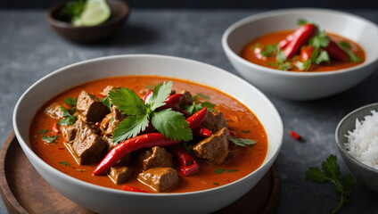  bowl of red curry with beef and chili peppers.