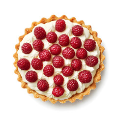 Top view tart cake with white cream and fresh raspberries isolated on white background