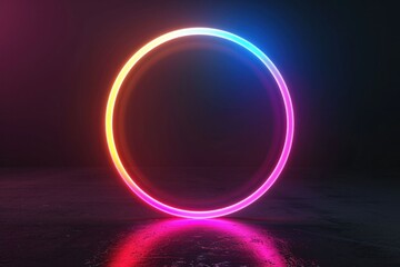 Wall Mural - Neon glowing circle on a dark background, creating a vibrant and modern aesthetic The circular light emits a gradient of pink and blue hues