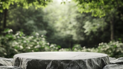 podium on rock pedestal for a product display stand, green forest and blurred on the background, natural scenery landscape. Generative ai