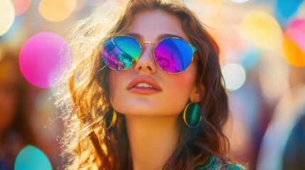 Attractive young woman posing wearing mirrored sunglasses at music festival