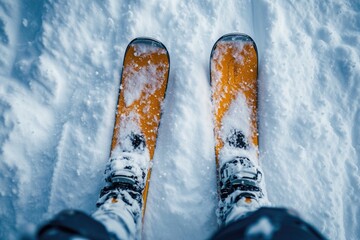 Skier looking down at skis on freshly groomed snow with mountains in background