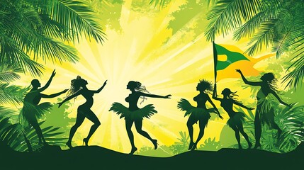 Vibrant Brazilian Carnival Illustration with Samba Dancers, Flag, Green and Yellow Tones - Festive South American Celebration Concept