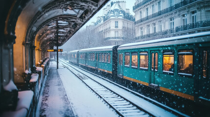 Paris Metro train arriving at a snowy underground station, with elegant Art Nouveau architecture and frosty windowpanes.