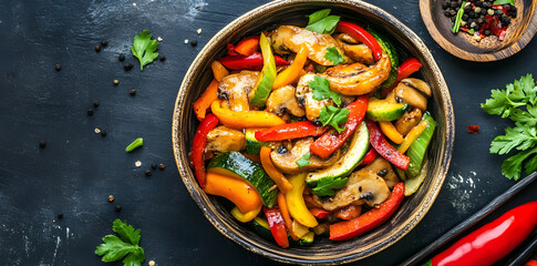 Wall Mural - Colorful vegetable stir-fry on black plate top view on dark background commercial advertising photo