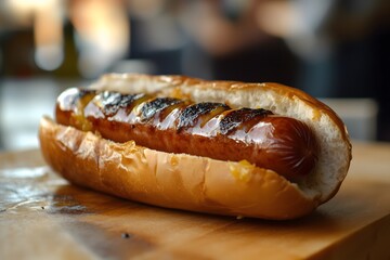 A tasty hot dog made with a grilled sausage in a toasted bun served on a wooden table on a blurry background