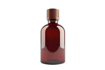 Brown glass bottle with a wooden cap. Ideal for essential oils, perfumes, or medicinal purposes. Isolated on a transparent background.