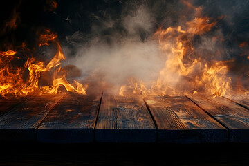 Wall Mural - Blank glossy wooden table with fire burning and smoke with flames background.