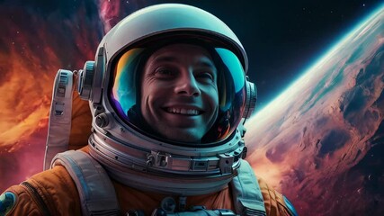 Wall Mural - An astronaut smiles joyfully in a vibrant cosmic landscape, with a colorful nebula and distant planet forming a stunning backdrop