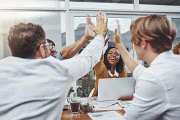 Aufkleber - People, diversity and high five for team building, success and business meeting in office. Group, employees and happiness for support, project and celebration for collaboration, creativity or career