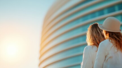 Two individuals with shoulder-length hair are seen from the back, gazing at a modern architectural glass building during sunset, creating a serene and contemplative atmosphere.