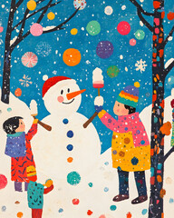 Wall Mural - Winter holidays. Children making Christmas snowman colorful painting design for greeting card.	