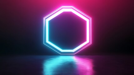 Vivid Neon Octagon in Turquoise and Magenta with Pink Blue Violet Gradient on Dark Background - 3D Render