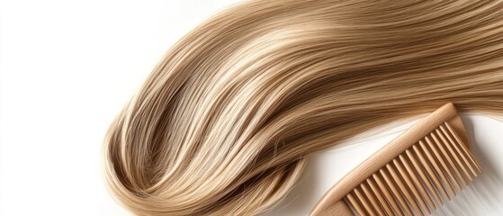 Wall Mural - Blonde Hair and Wooden Comb on White Background