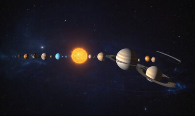 Wall Mural - the solar system showing planets orbiting the sun in a cosmic context