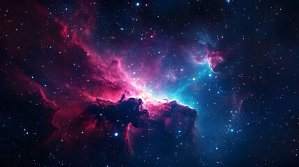 Stary night cosmos. Universe science astronomy. Colorful space galaxy cloud nebula. Illustration for cover, card, postcard, interior design, banner, poster, brochure or presentation.