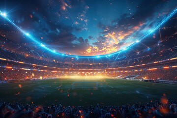 An Exciting Evening at a Stadium During a Major Soccer Match With a Stunning Sunset