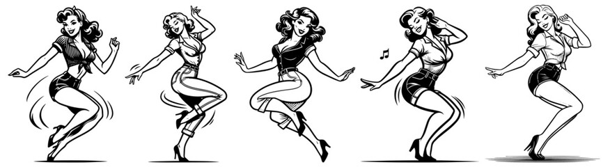 pinup girl, beauty pin-up dancing woman vintage style black dynamic 
vector transparent background, no color silhouette sketch illustration