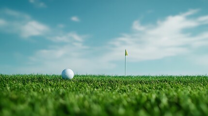 A golf ball rests on the green grass near a hole, with a flag in the background