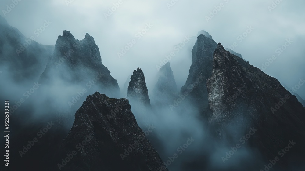 Dramatic Mountain Peaks Shrouded in Thick Fog with Jagged Rocks and ...
