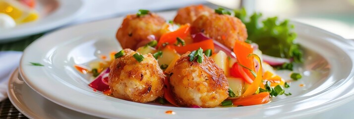 Poster - Fish balls accompanied by vegetables on a white plate