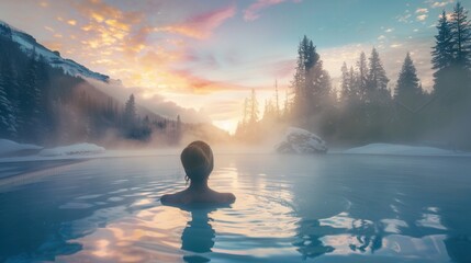 Wall Mural - Back view of a female in spa pool with beautiful scenic view at sunset