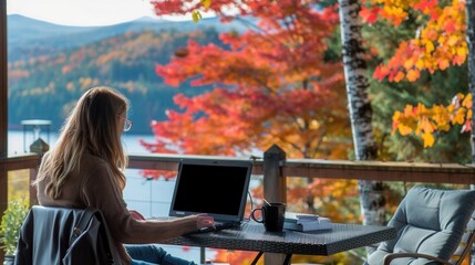 Canvas Print - Female work on a computer at vacation house with scenic view in Autumn