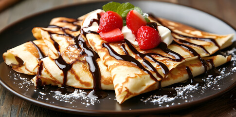 Delisious Crepes stuffed with chocolate spread and berries on white plate commercial advertising photo