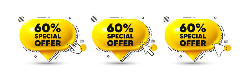 Wall Mural - Chat speech bubble 3d icons. 60 percent discount offer tag. Sale price promo sign. Special offer symbol. Discount chat offer. Speech bubble banners. Text box balloon. Vector