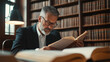 © forenna - In a library brimming with books, a mature professional man is deeply engrossed in studying legal texts, with the warm lighting and classic ambiance reflecting his seriousness and