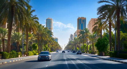 Poster - A wide street in Riyadh, Saudi Arabia, full of trees and cars with buildings on the sides. The road is lined with date palm trees and greenery