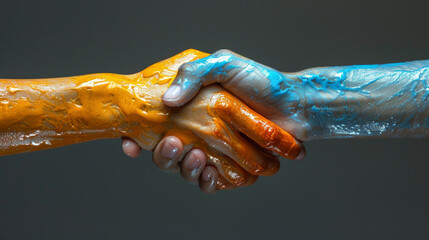 Handshake in digital futuristic style. The concept of partnership