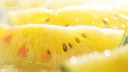 Fresh sweet ripe yellow watermelon slices macro closeup view