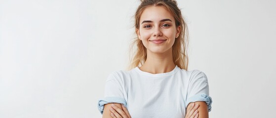 Poster - Portrait of a Young Woman with Blonde Hair and a White T-Shirt