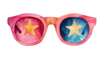 Vibrant and groovy retro summer clipart in watercolor style featuring a pair of funky sunglasses with star shaped frames isolated on a clean white background