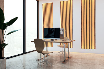 Poster - Clean designer office interior with decorative wall, panoramic windows and furniture. 3D Rendering.