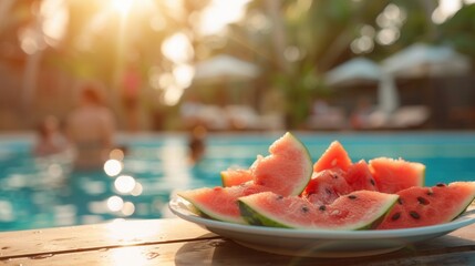 Fresh sweet ripe watermelon slices on table in tropical luxury vacation resort