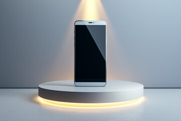 Wall Mural - Empty smartphone screen placed on illuminated round podium on light concrete wall background. Mock up, 3D Rendering.