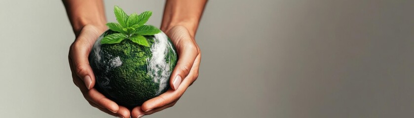 Hands holding Earth with innovative green technologies growing