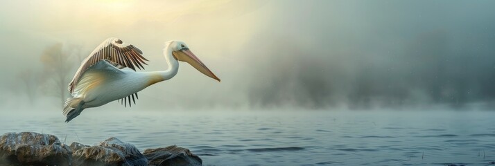 Canvas Print - Pelican soaring above the lakeshore captured with a slow pan technique.