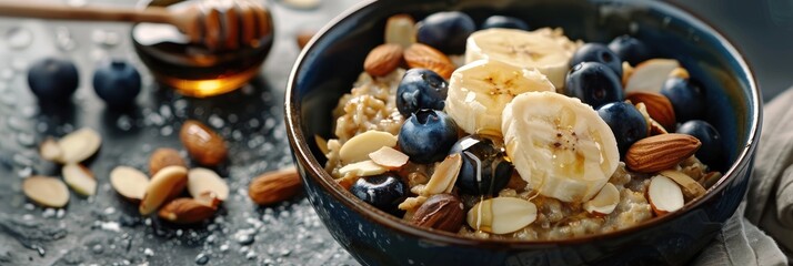 Poster - Nutty oatmeal breakfast featuring fresh blueberries, bananas, and honey.