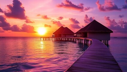 An amazing sunset panorama at a luxury resort pier pathway with soft, white lights leading to a paradise island background with colorful clouds and a beautiful evening sky romantic beach background