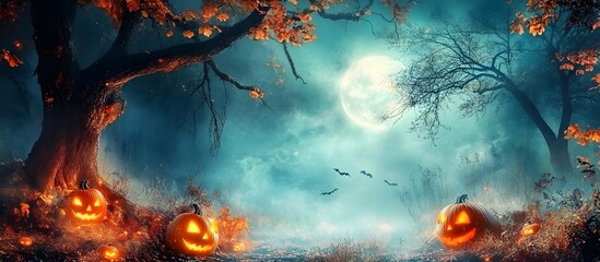 Wall Mural - Haunted Forest with Glowing Pumpkins and Misty Moonlight Ambiance for Halloween Background