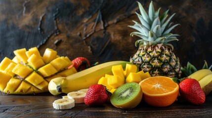 Fresh pineapple with summer seasonal fruit on table