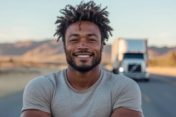 A smiling man stands confidently on the side of a road, with a truck in the backdrop, reflecting a sense of independence and purpose. He looks content with his journey.