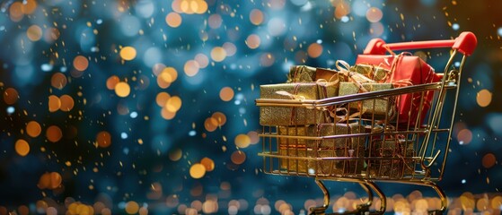 A shopping cart with red handles brimming with glittering gift boxes, set against a festive backdrop of warm bokeh lights, capturing the holiday spirit